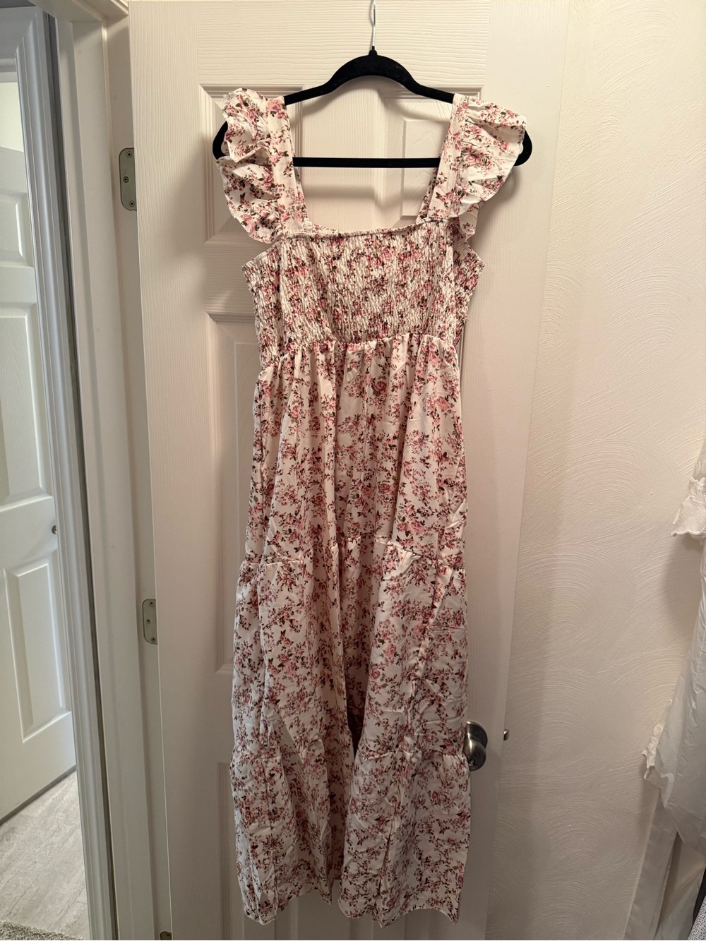 Women’s Pink Floral Maxi Dress with Ruffle Straps
